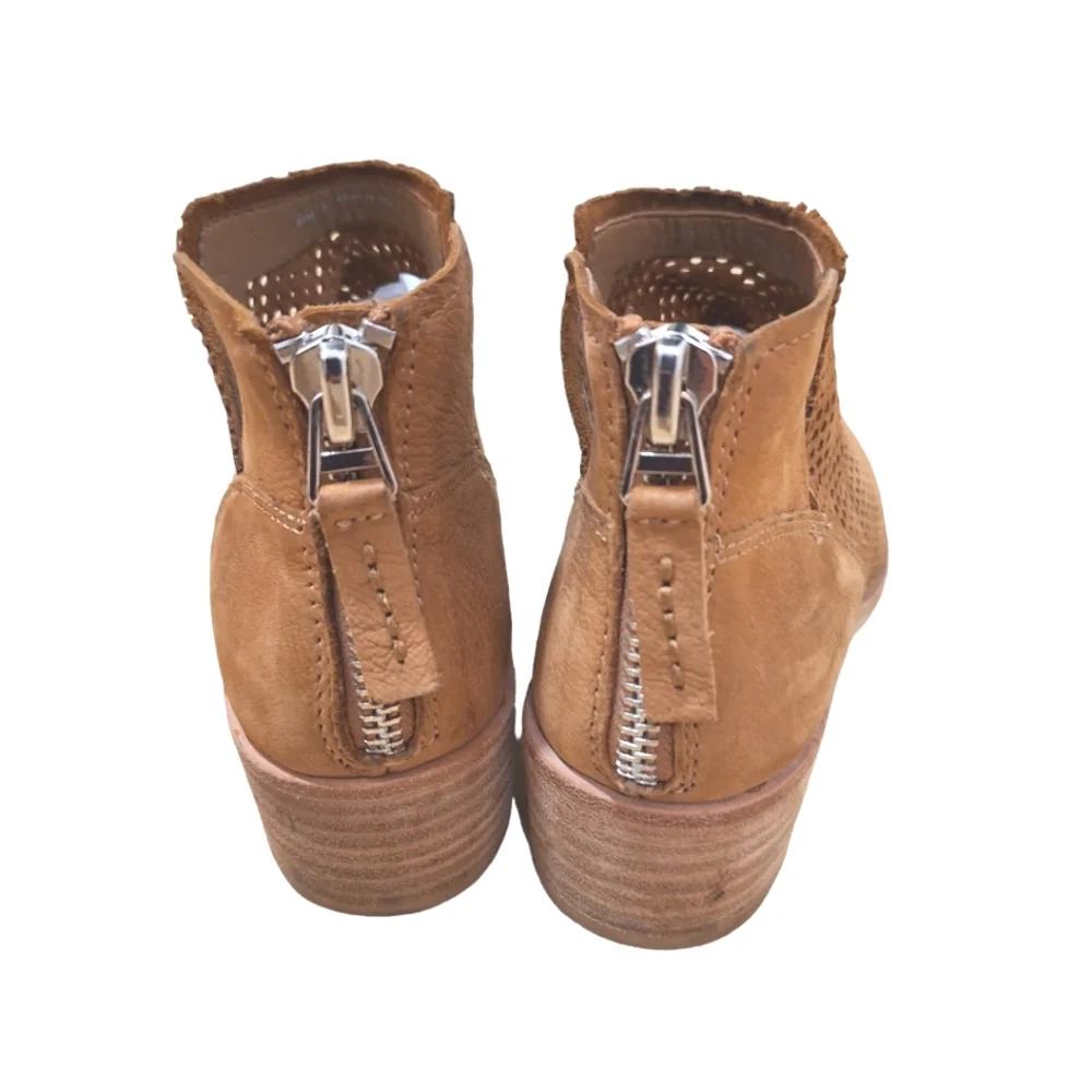 Dolce Vita Women's Tan Perforated Leather Ankle Boot Bootie Stacked Heel 7.5M